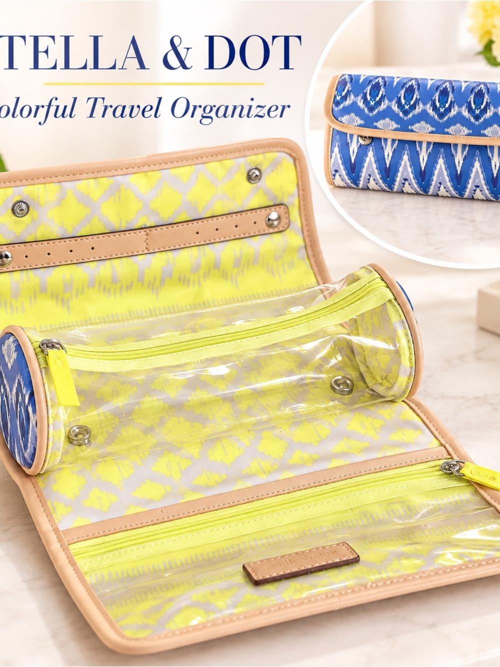 Stella & Dot Yellow and Blue Patterned Travel Cosmetic Organizer